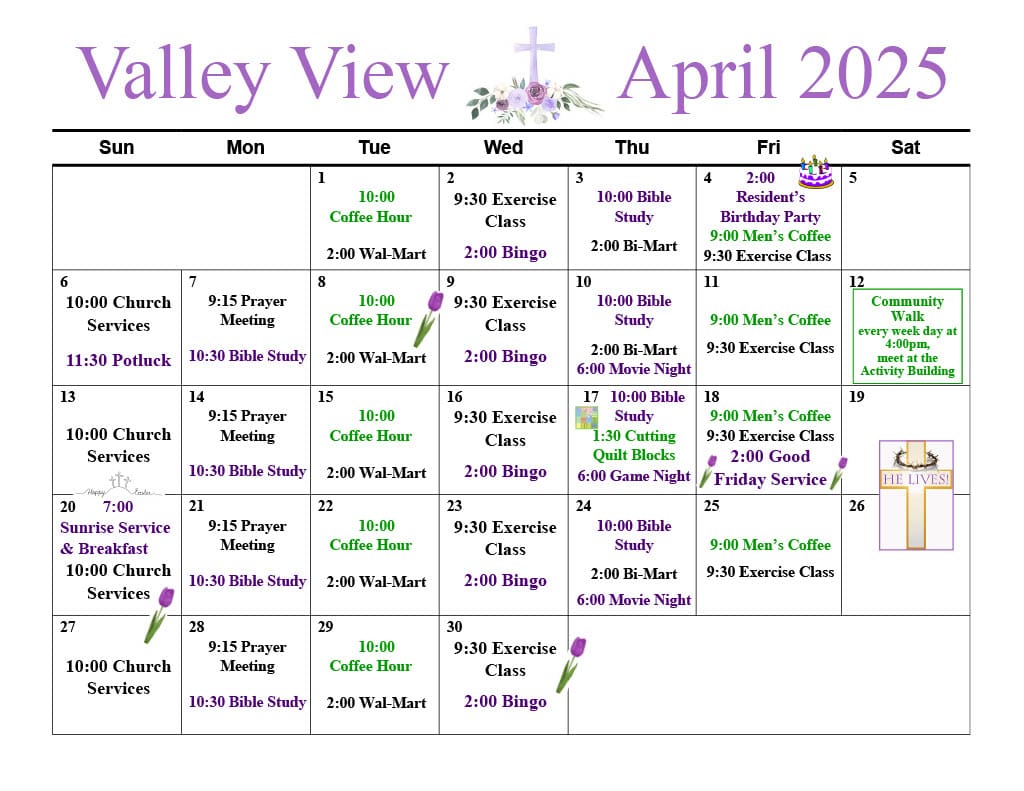 April Calendar for Rock of Ages Valley View Retirement Village.