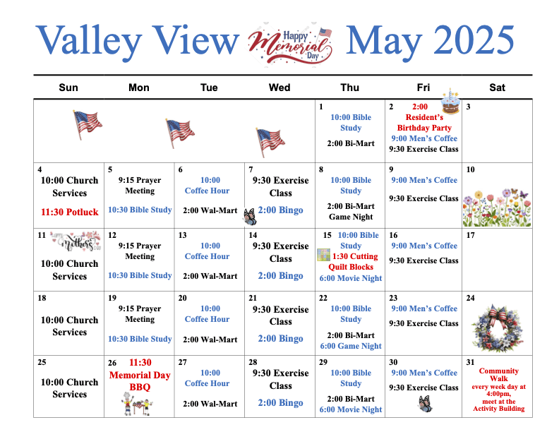 April Calendar for Rock of Ages Valley View Retirement Village.